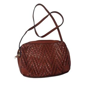 Vintage 90s Brown Leather Woven Small Crossbody Zip Up Bag